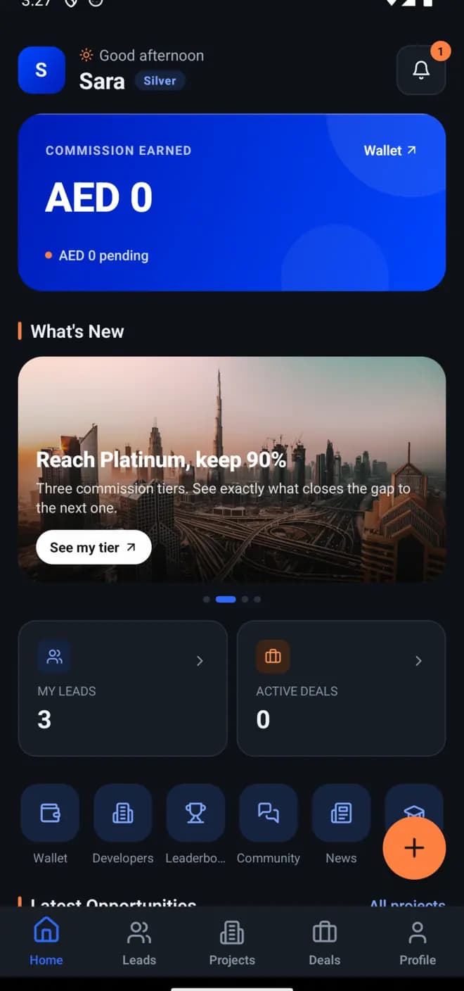 The REF home screen: commission earned, leads and active deals at a glance.