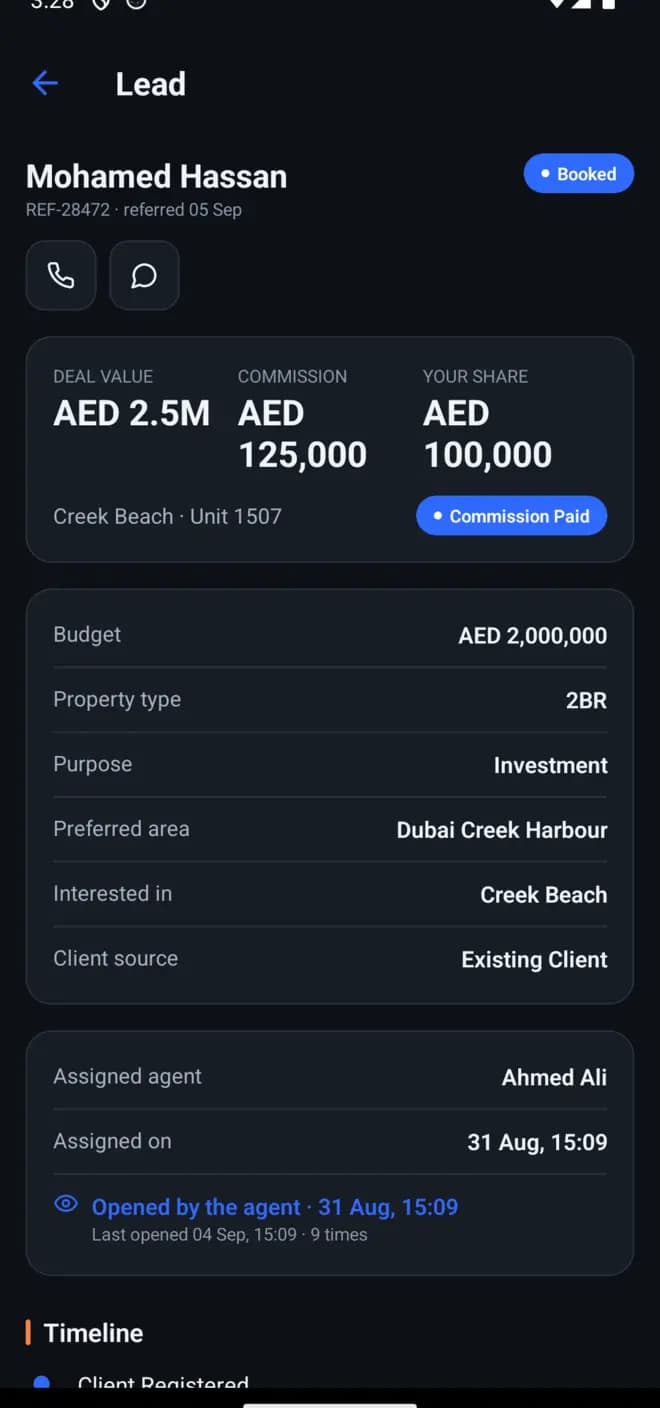 A lead record showing deal value, your commission share and the full timeline.