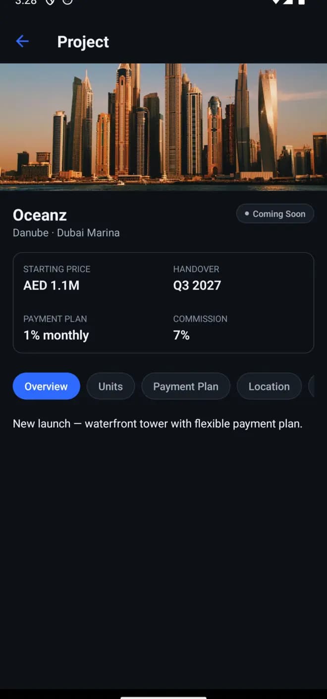 A project page with starting price, handover, payment plan and commission rate.