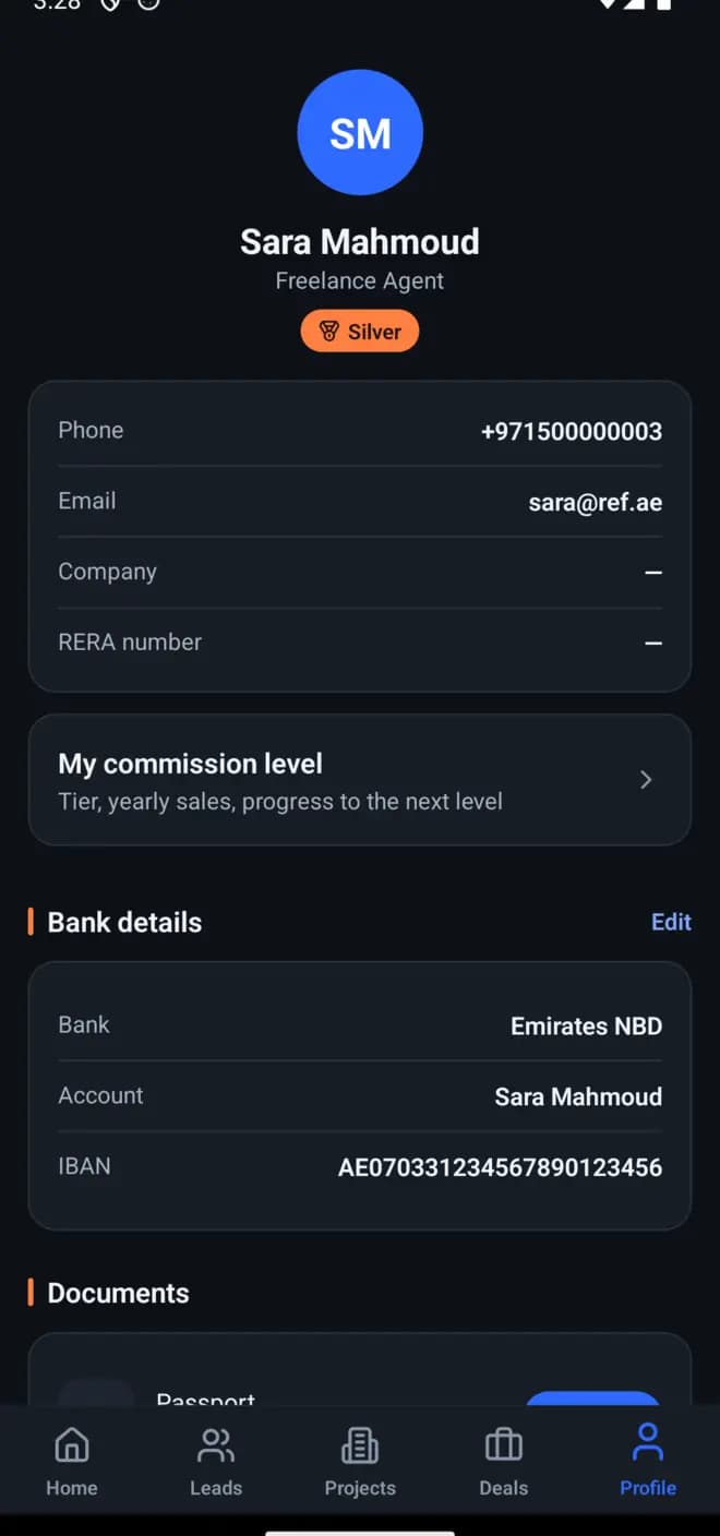 The profile screen with commission level, bank details and documents.