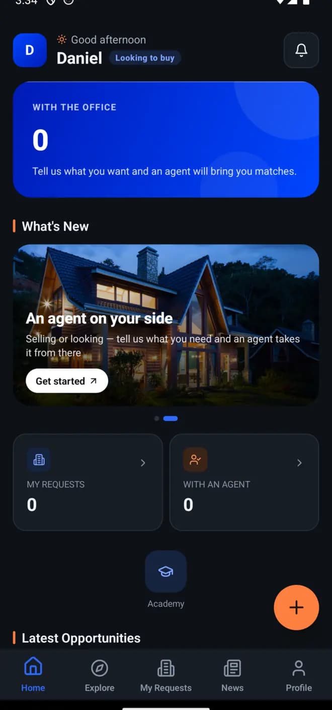 The buyer's home screen, where a request goes straight to an agent.